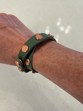 Green Leather Wrap Bracelet with Rose Gold Studs